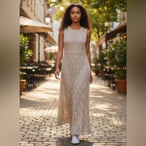 Suzi Chin Cream Lace Maxi Dress stretchy material